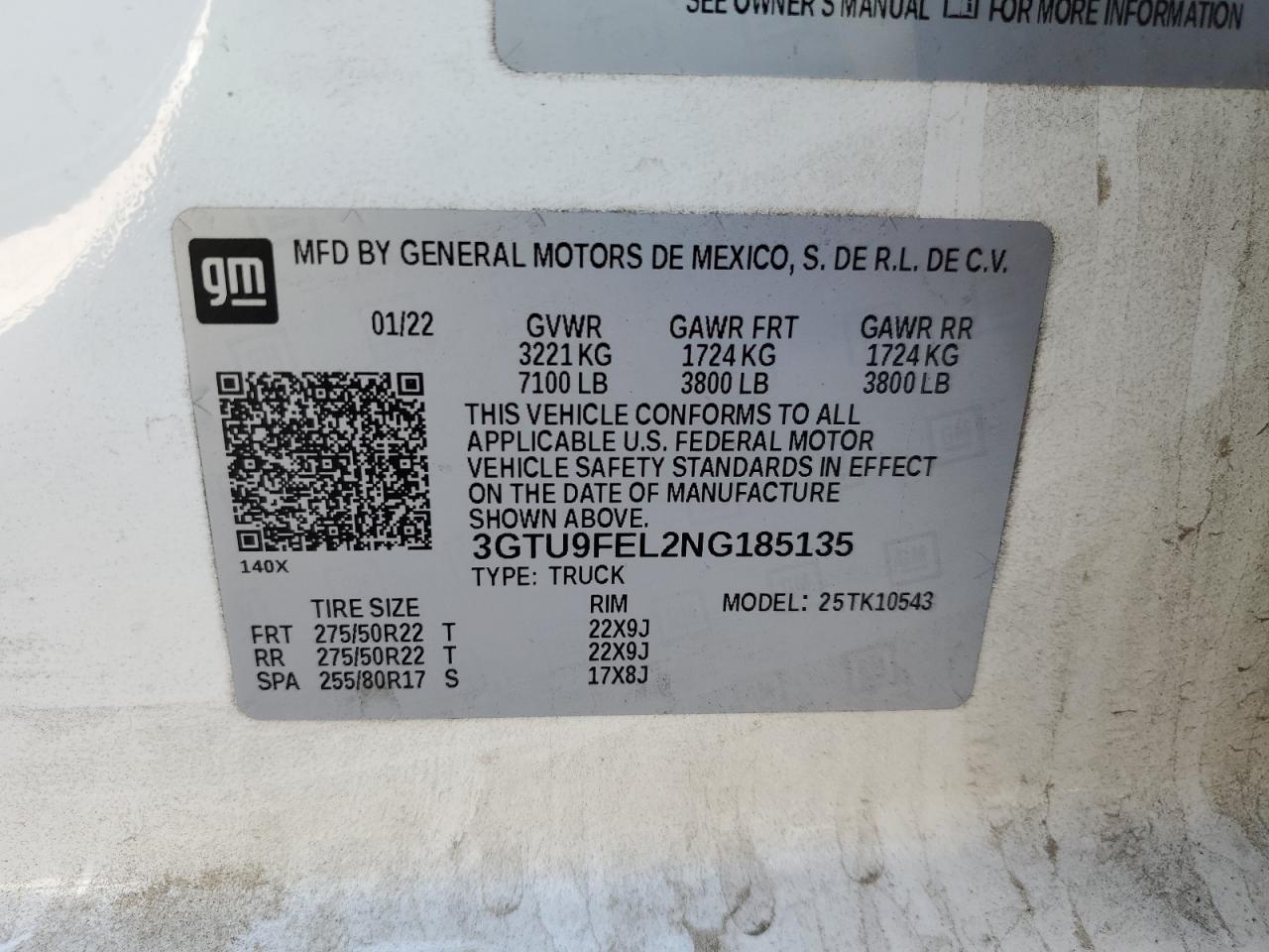 2022 GMC SIERRA LIMITED K1500 DENALI VIN:3GTU9FEL2NG185135
