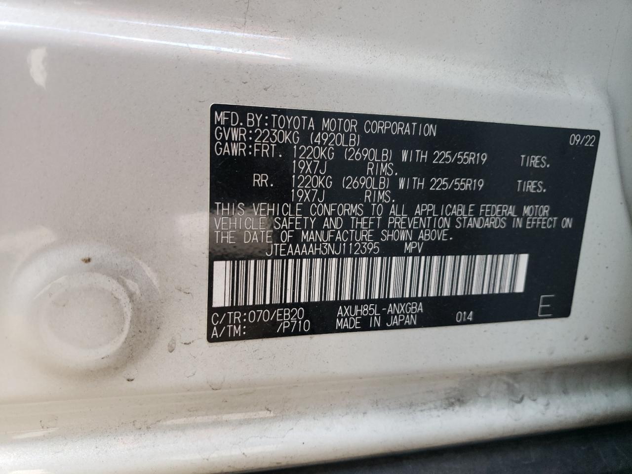 2022 TOYOTA VENZA LE VIN:JTEAAAAH3NJ112395