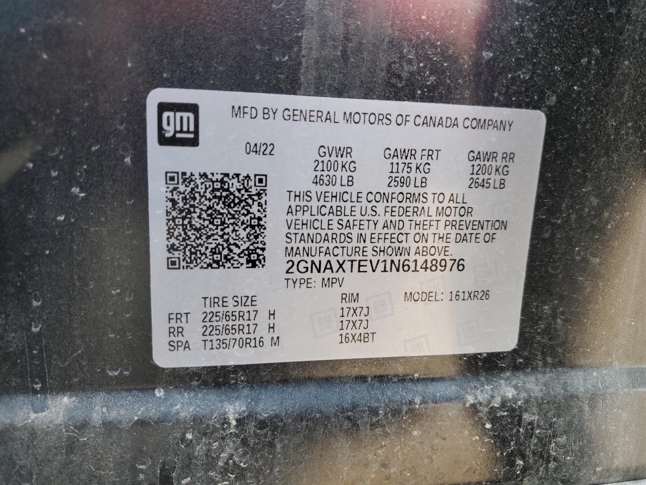 2022 CHEVROLET EQUINOX LT VIN:2GNAXTEV1N6148976