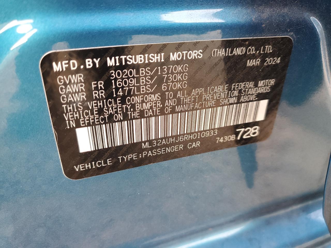 2024 MITSUBISHI MIRAGE ES VIN:ML32AUHJ6RH010933