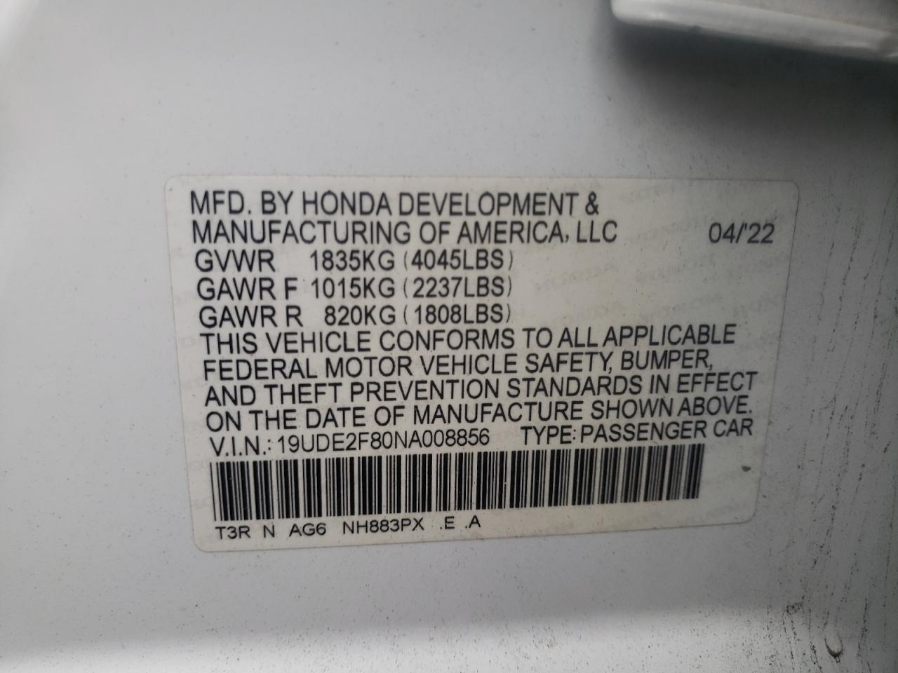 2022 ACURA ILX PREMIUM A-SPEC VIN:19UDE2F80NA008856