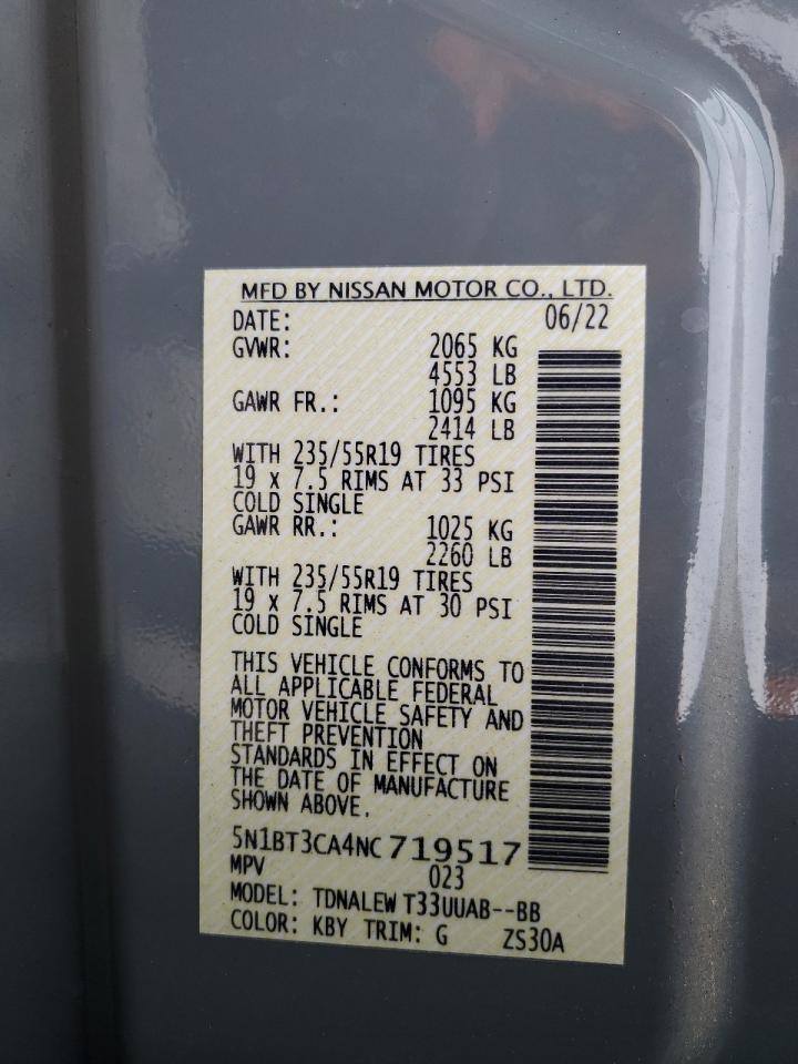 2022 NISSAN ROGUE SL VIN:5N1BT3CA4NC719517