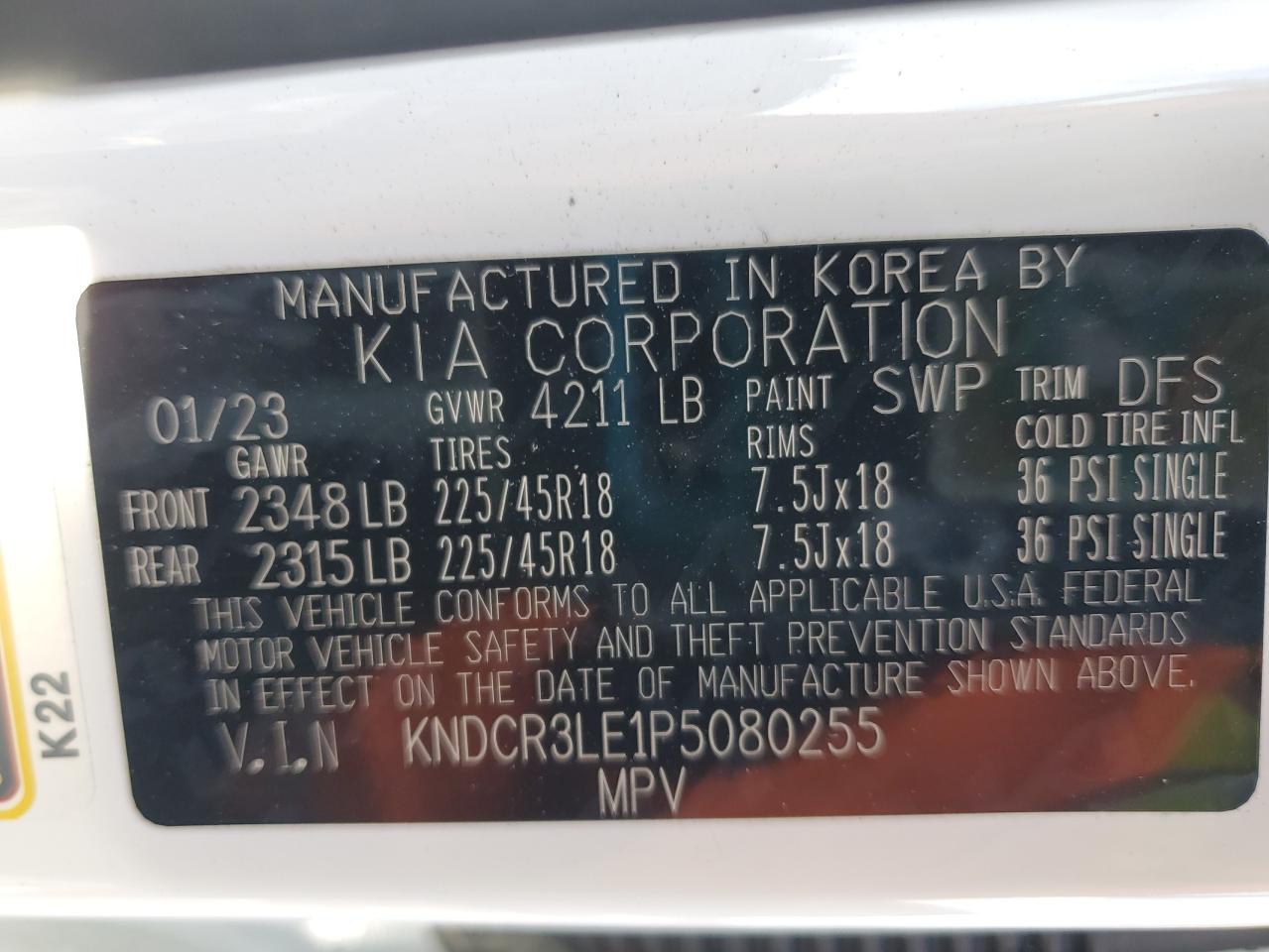 2023 KIA NIRO EX VIN:KNDCR3LE1P5080255
