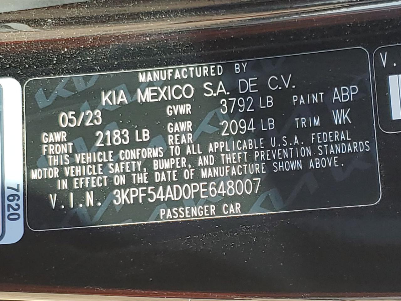 2023 KIA FORTE GT LINE VIN:3KPF54AD0PE648007