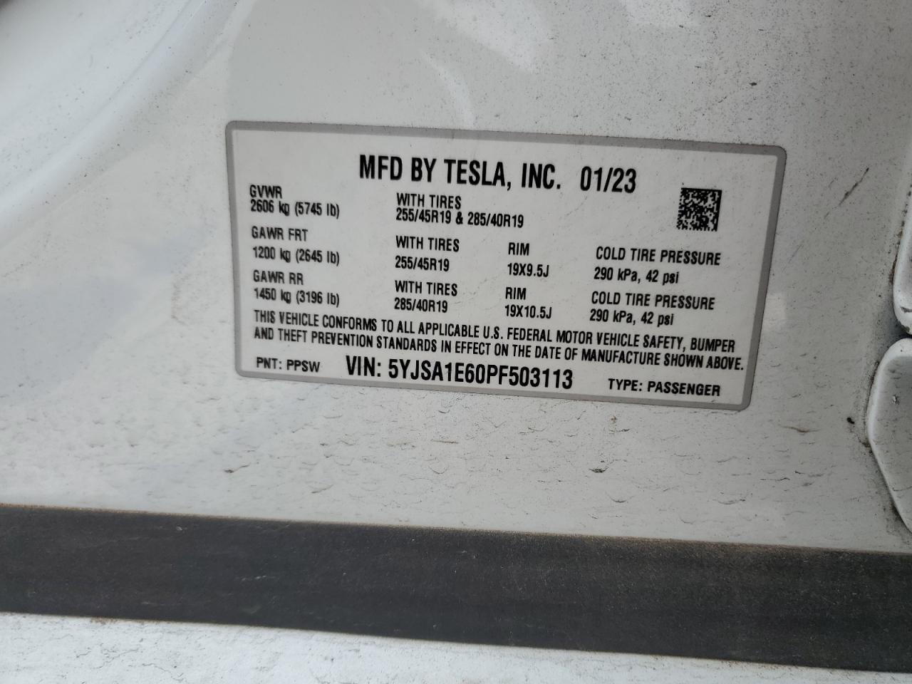 2023 TESLA MODEL S  VIN:5YJSA1E60PF503113