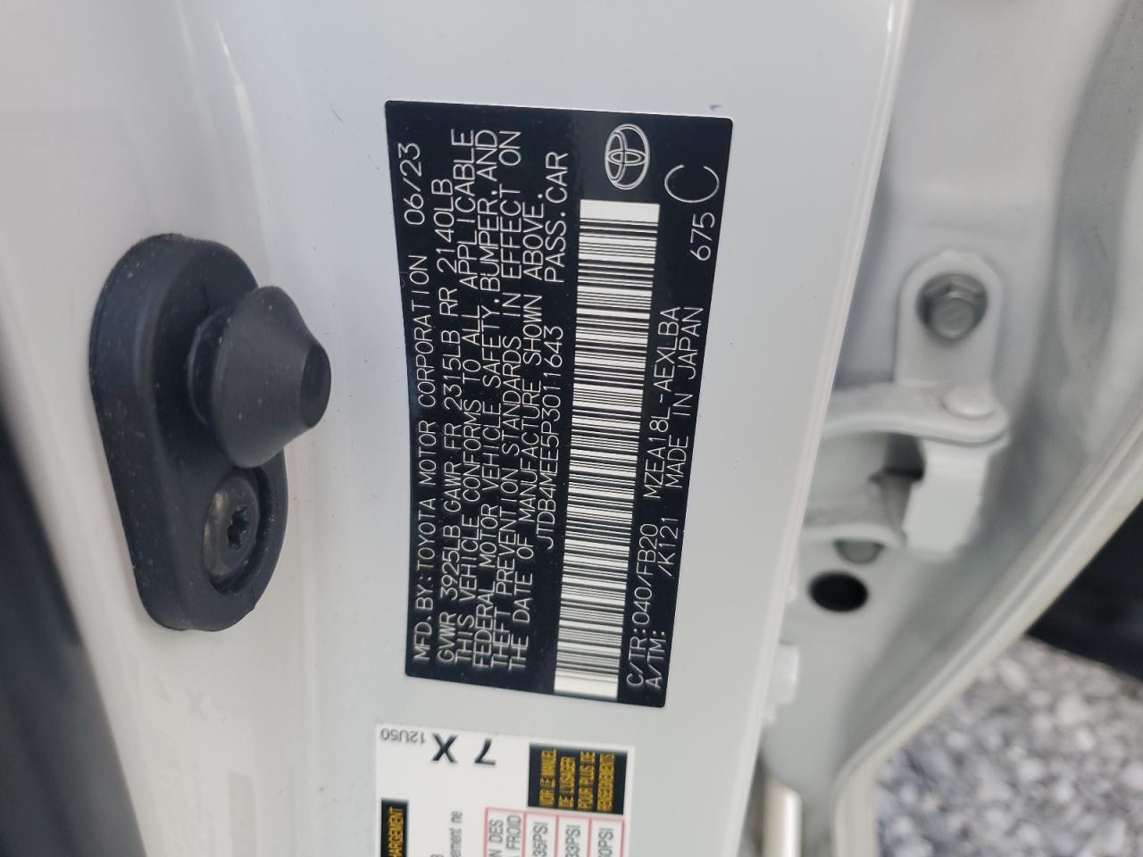 2023 TOYOTA COROLLA LE VIN:JTDB4MEE5P3011643