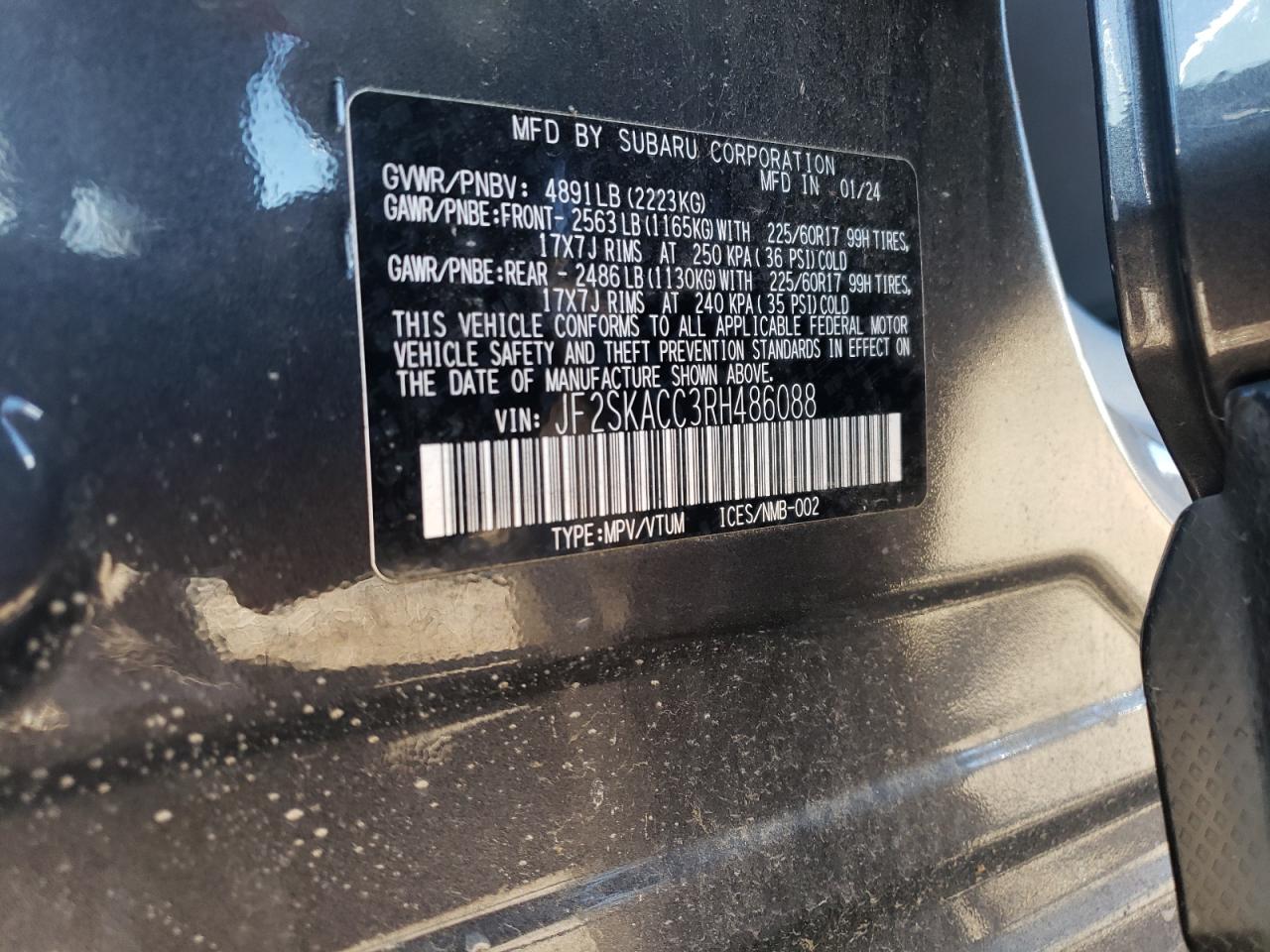 2024 SUBARU FORESTER PREMIUM VIN:JF2SKACC3RH486088