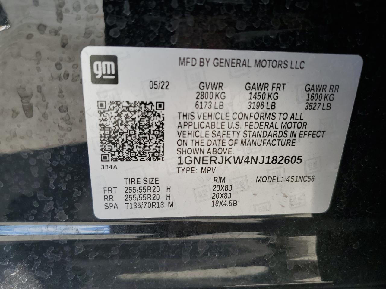 2022 CHEVROLET TRAVERSE RS VIN:1GNERJKW4NJ182605