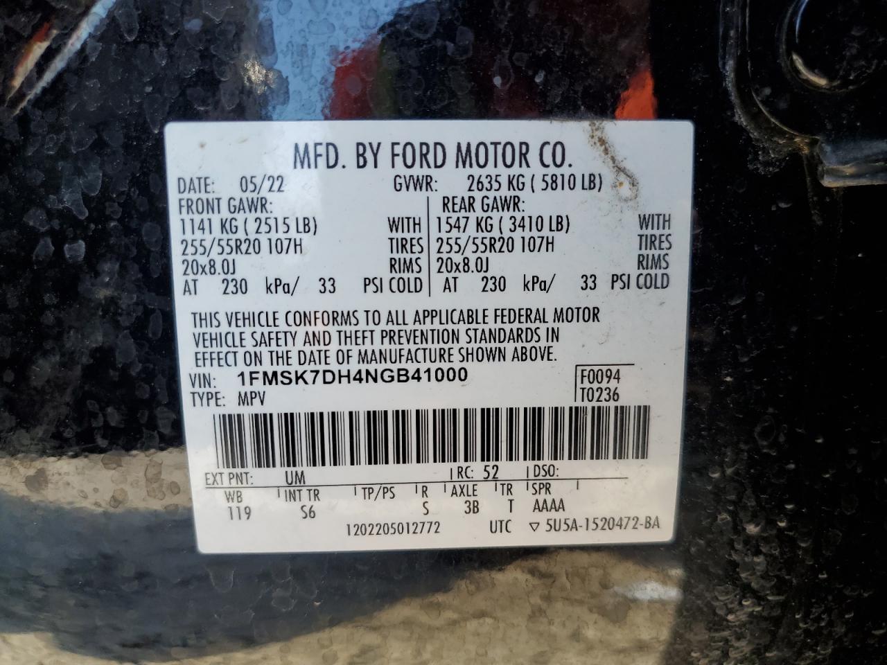 2022 FORD EXPLORER XLT VIN:1FMSK7DH4NGB41000