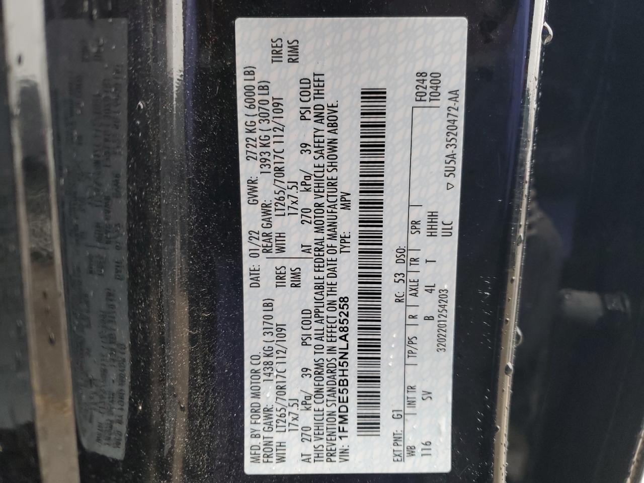2022 FORD BRONCO BASE VIN:1FMDE5BH5NLA85258