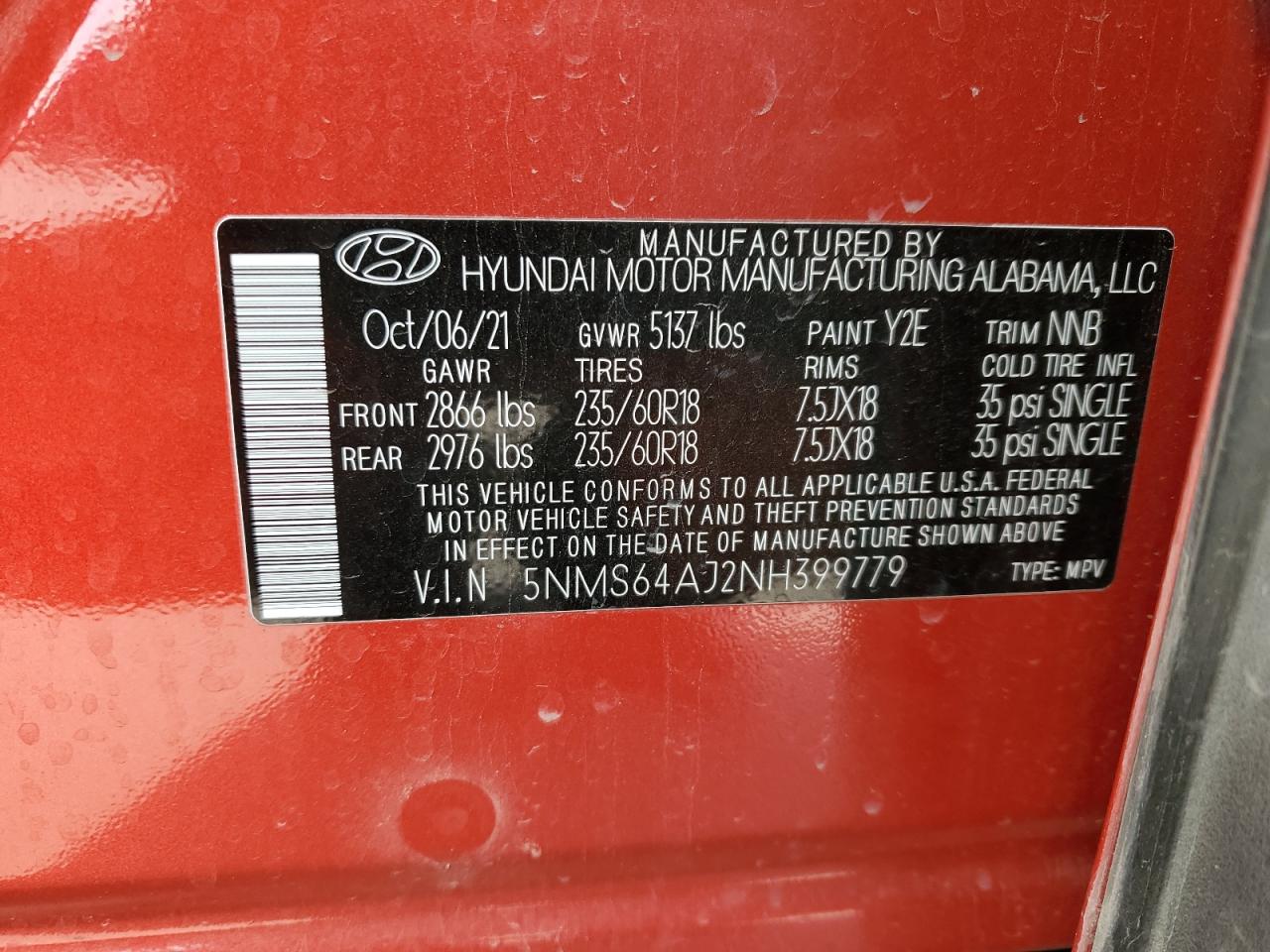 2022 HYUNDAI SANTA FE SEL VIN:19UUA66204A055141