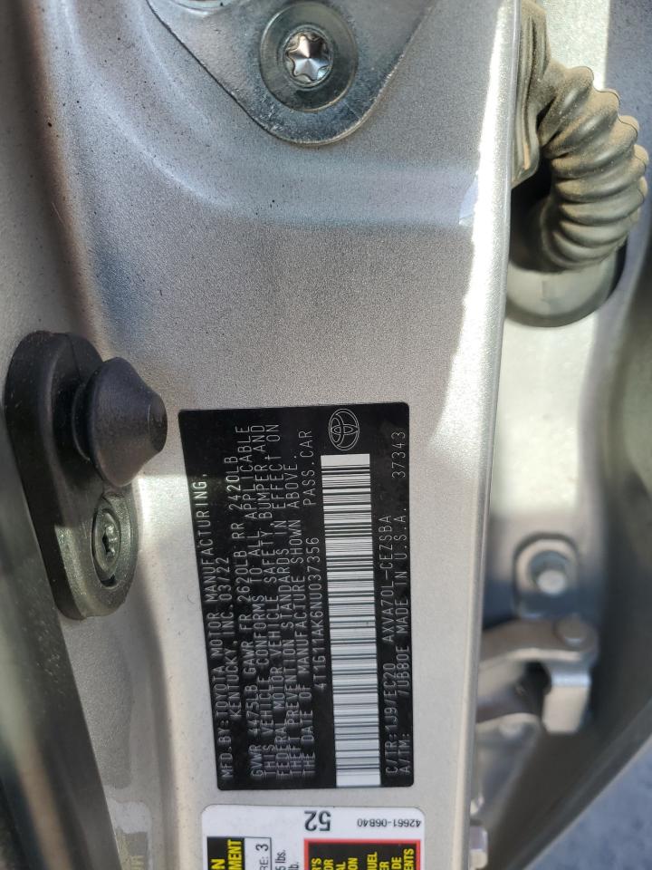 2022 TOYOTA CAMRY SE VIN:4T1G11AK6NU037356
