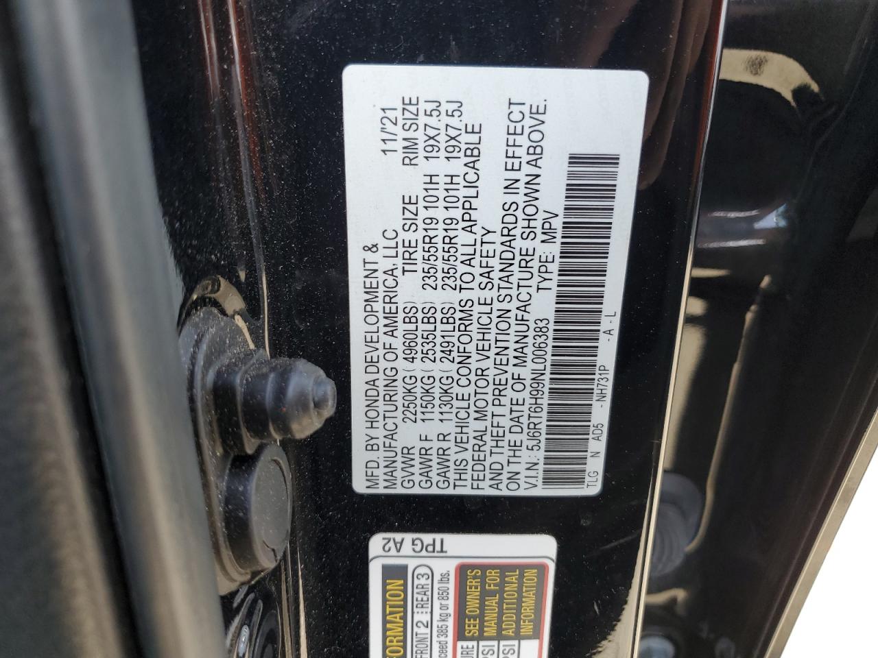 2022 HONDA CR-V TOURING VIN:5J6RT6H99NL006383