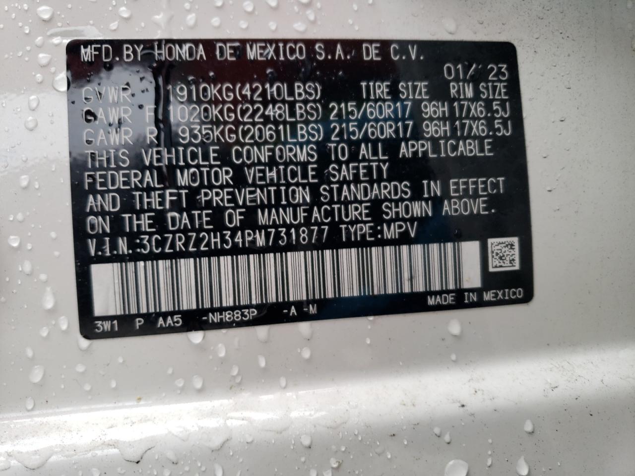 2023 HONDA HR-V LX VIN:3CZRZ2H34PM731877