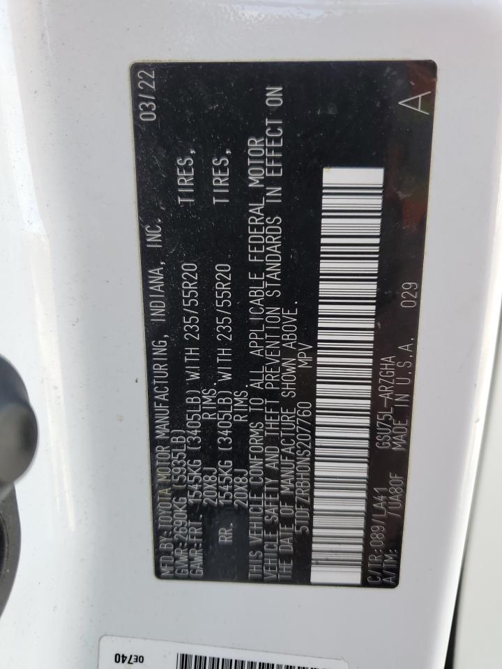 2022 TOYOTA HIGHLANDER PLATINUM VIN:5TDFZRBH0NS207760