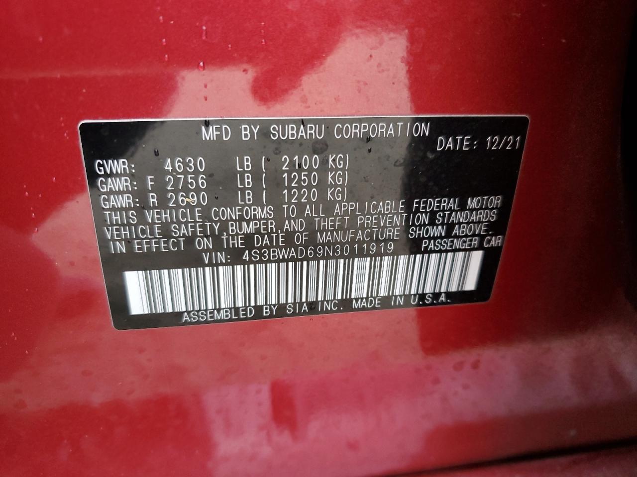 2022 SUBARU LEGACY PREMIUM VIN:4S3BWAD69N3011919