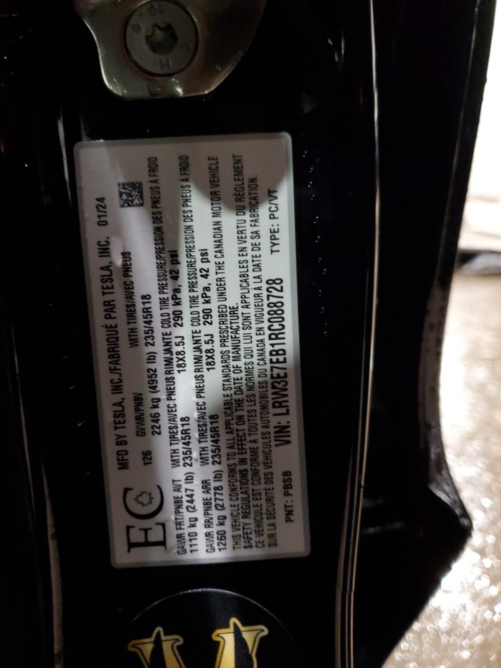 2024 TESLA MODEL 3  VIN:LRW3E7EB1RC088728