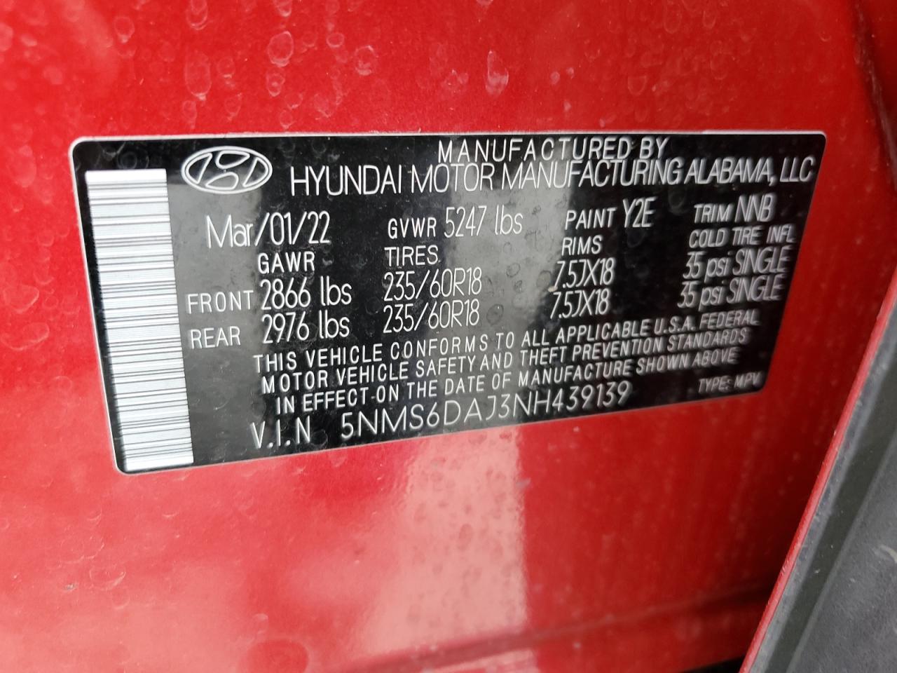 2022 HYUNDAI SANTA FE SEL VIN:5NMS6DAJ3NH439139