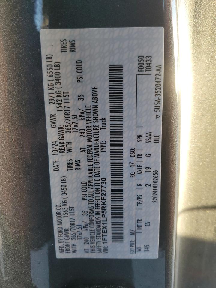 2024 FORD F150 XL VIN:1FTEX1LP5RKF27730