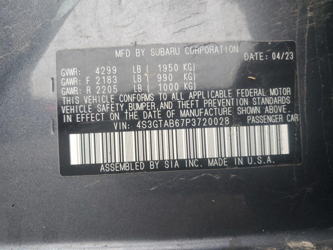 2023 SUBARU IMPREZA  VIN:4S3GTAB67P3720028