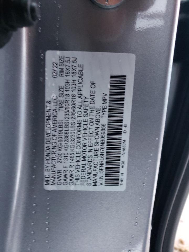 2022 HONDA ODYSSEY EXL VIN:5FNRL6H76NB059856
