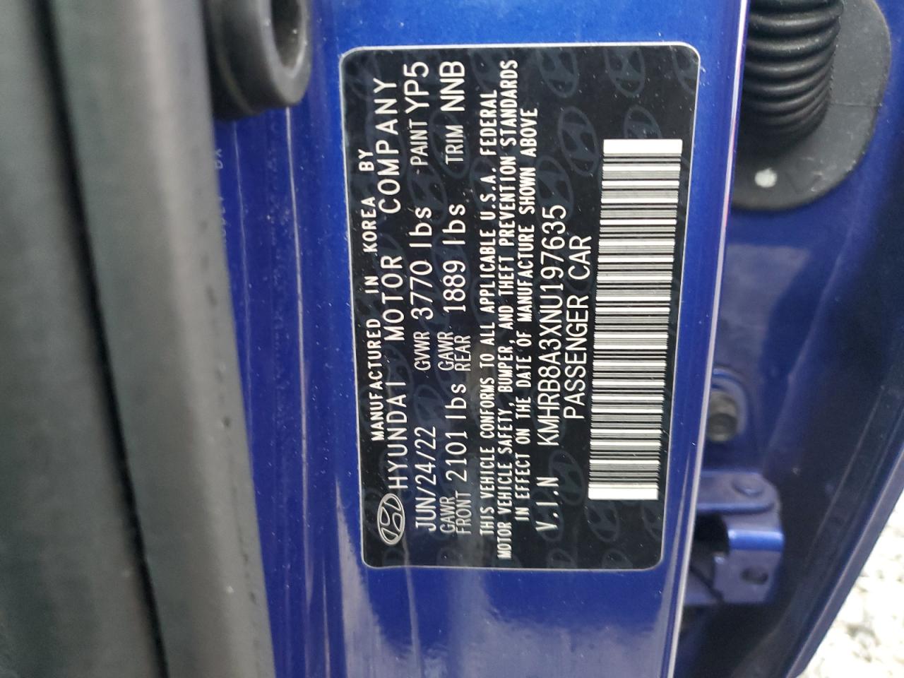 2022 HYUNDAI VENUE SE VIN:KMHRB8A3XNU197635