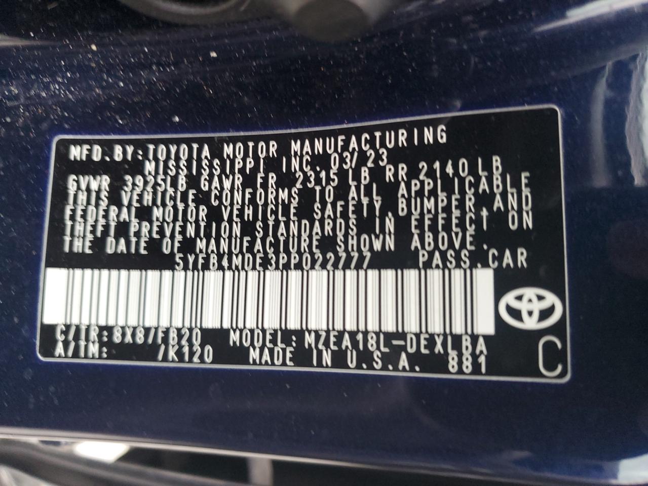 2023 TOYOTA COROLLA LE VIN:5YFB4MDE3PP022777