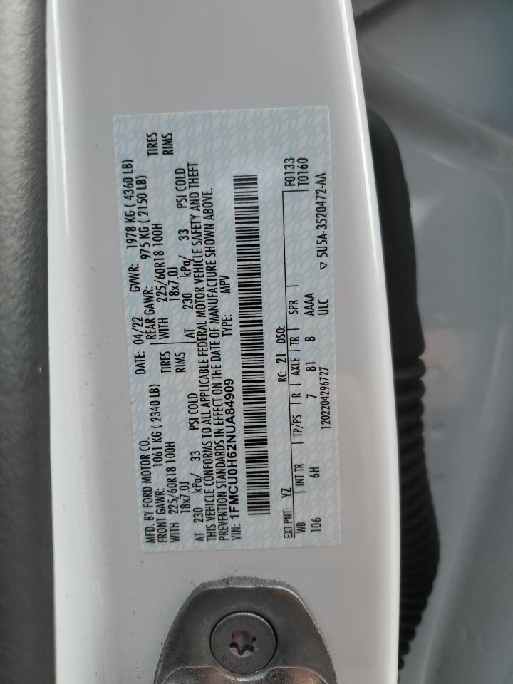 2022 FORD ESCAPE SEL VIN:1FMCU0H62NUA84909