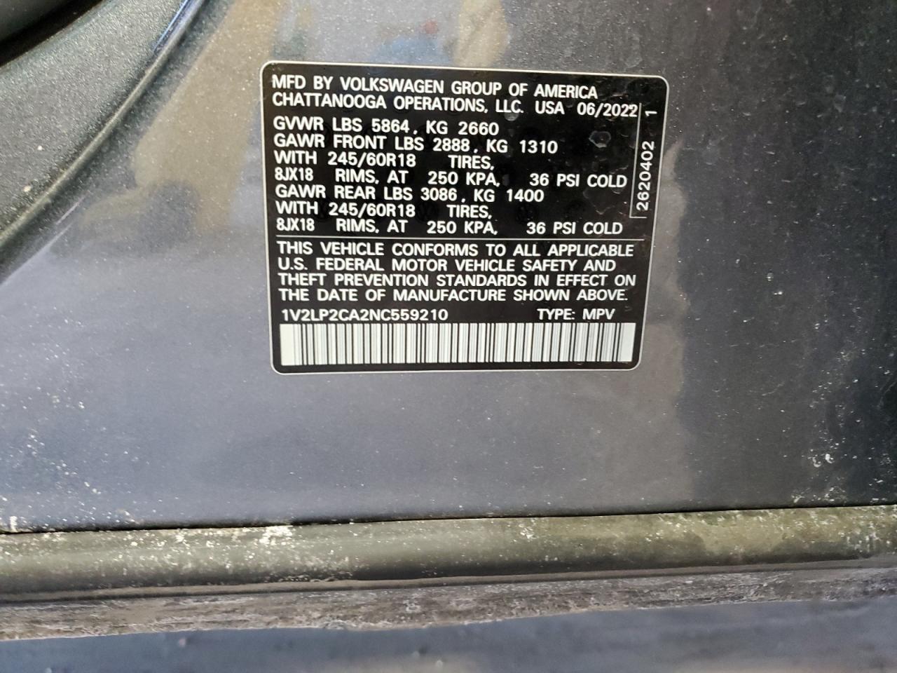 2022 VOLKSWAGEN ATLAS SE VIN:1V2LP2CA2NC559210