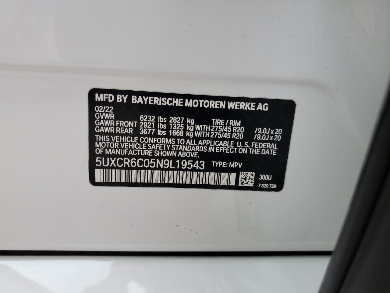 2022 BMW X5 XDRIVE40I VIN:5UXCR6C05N9L19543