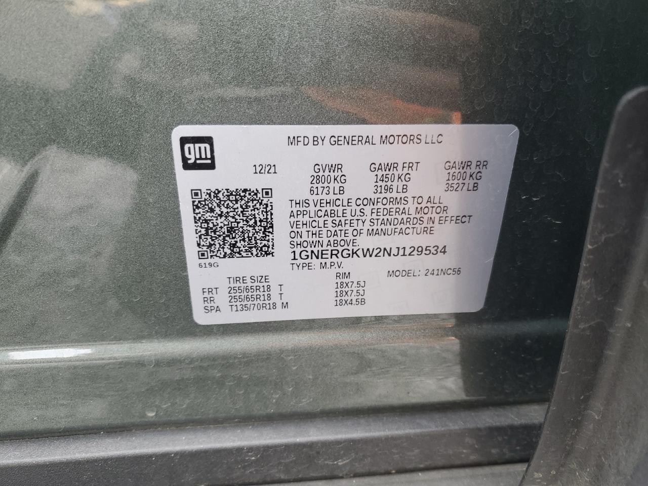 2022 CHEVROLET TRAVERSE LT VIN:1GNERGKW2NJ129534