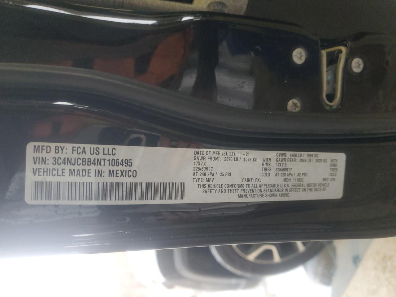 2022 JEEP COMPASS LATITUDE VIN:3C4NJCBB4NT106495