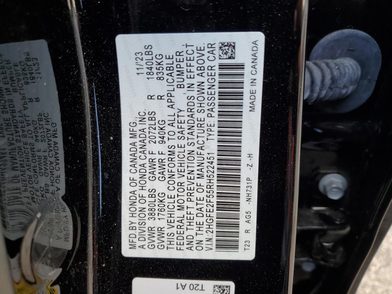 2024 HONDA CIVIC SPORT VIN:2HGFE2F55RH522451