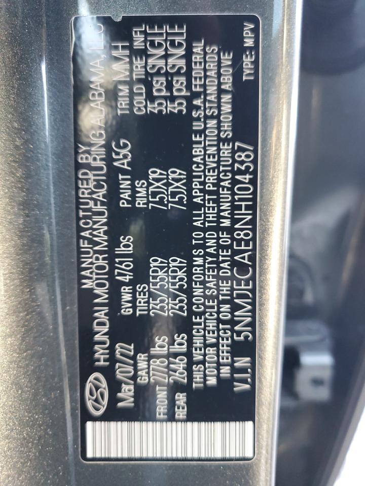 2022 HYUNDAI TUCSON LIMITED VIN:5NMJECAE8NH104387