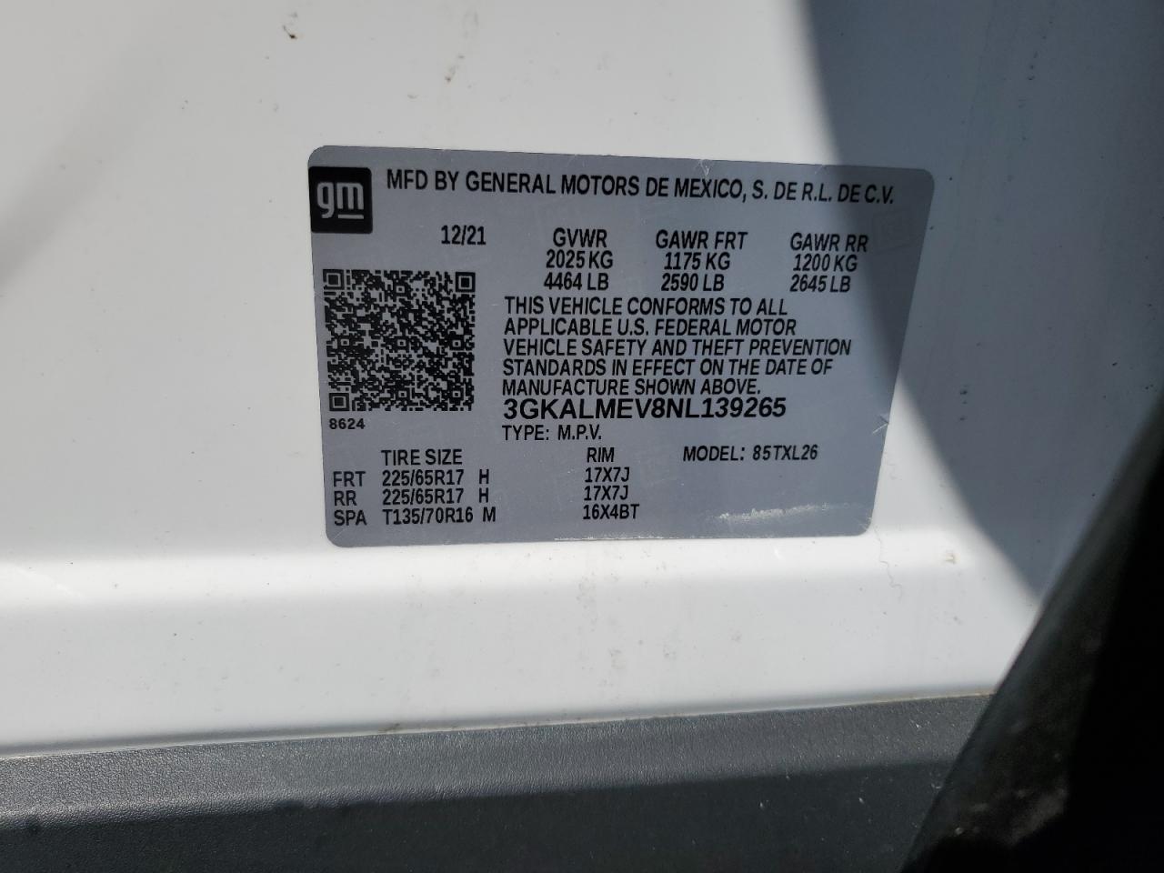 2022 GMC TERRAIN SLE VIN:3GKALMEV8NL139265