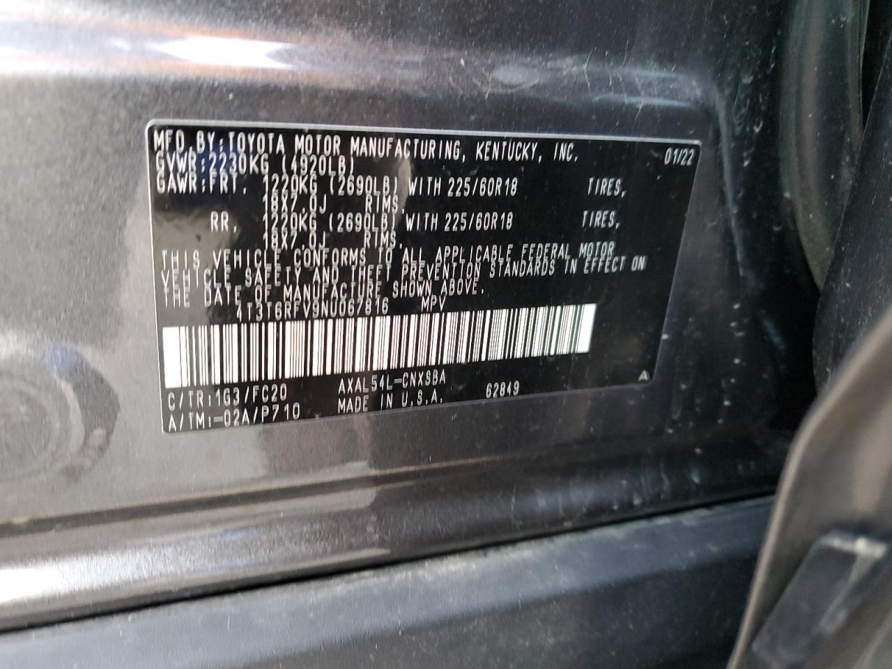 2022 TOYOTA RAV4 SE VIN:4T3T6RFV9NU067816