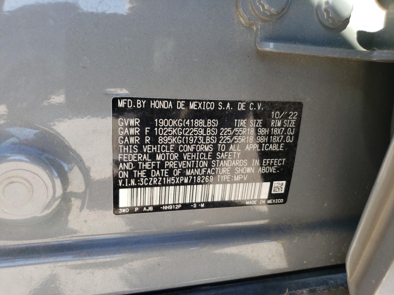 2023 HONDA HR-V SPORT VIN:3CZRZ1H5XPM718269