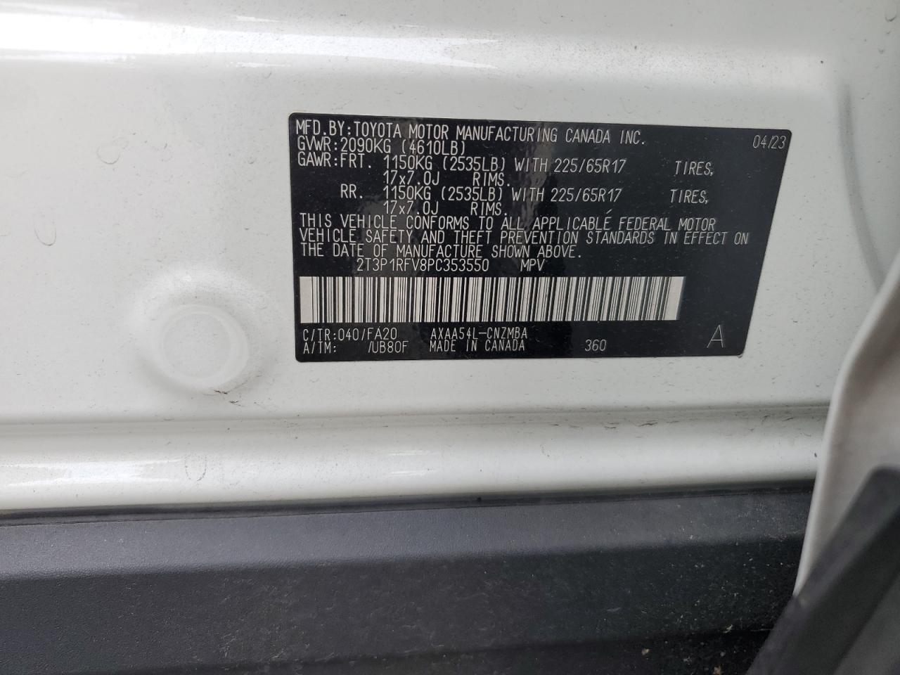 2023 TOYOTA RAV4 XLE VIN:2T3P1RFV8PC353550