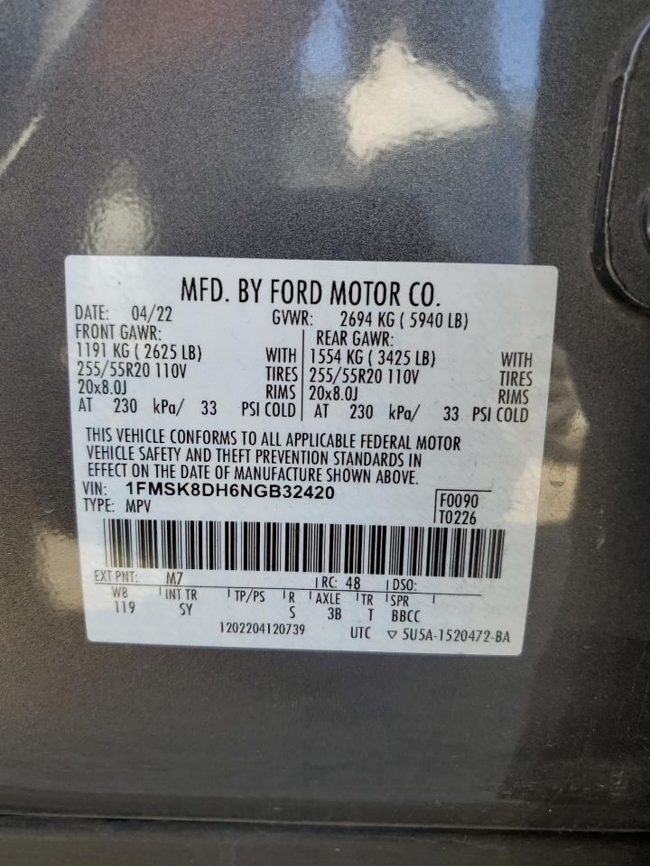2022 FORD EXPLORER XLT VIN:1FMSK8DH6NGB32420