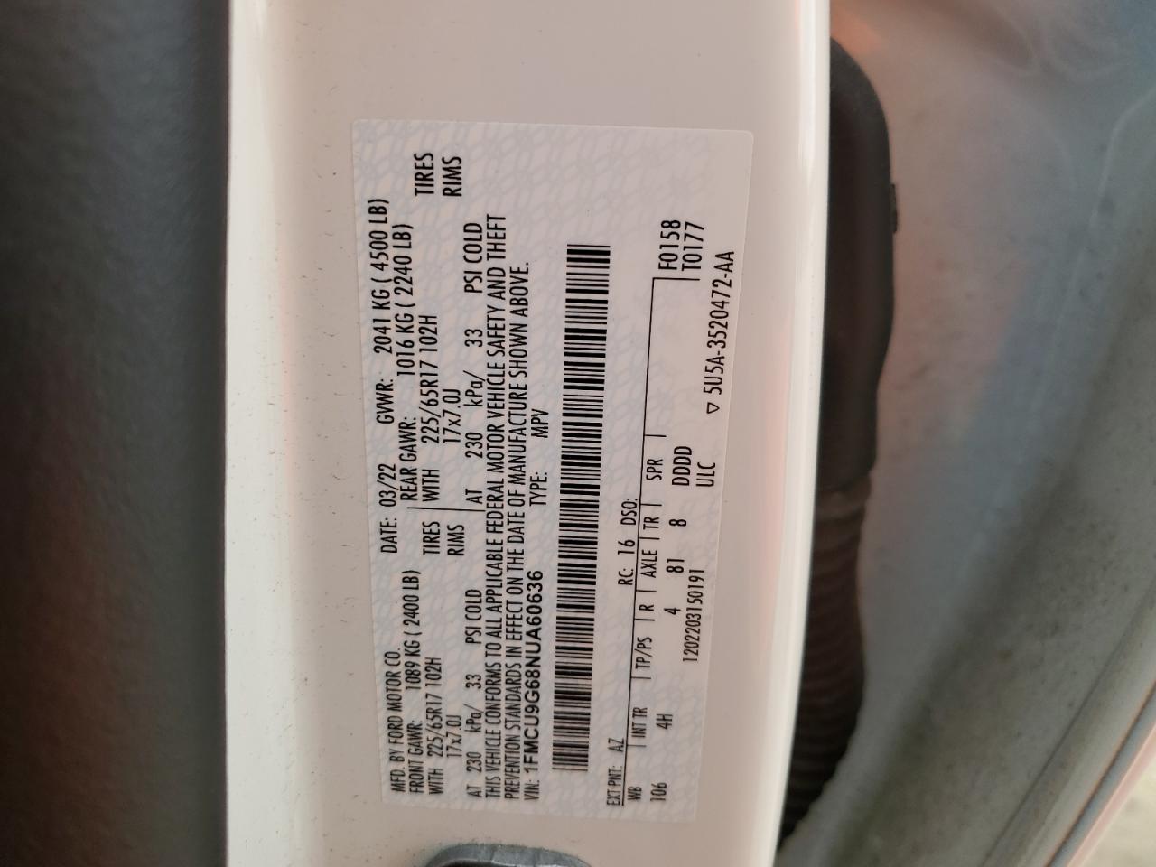 2022 FORD ESCAPE SE VIN:1FMCU9G68NUA60636