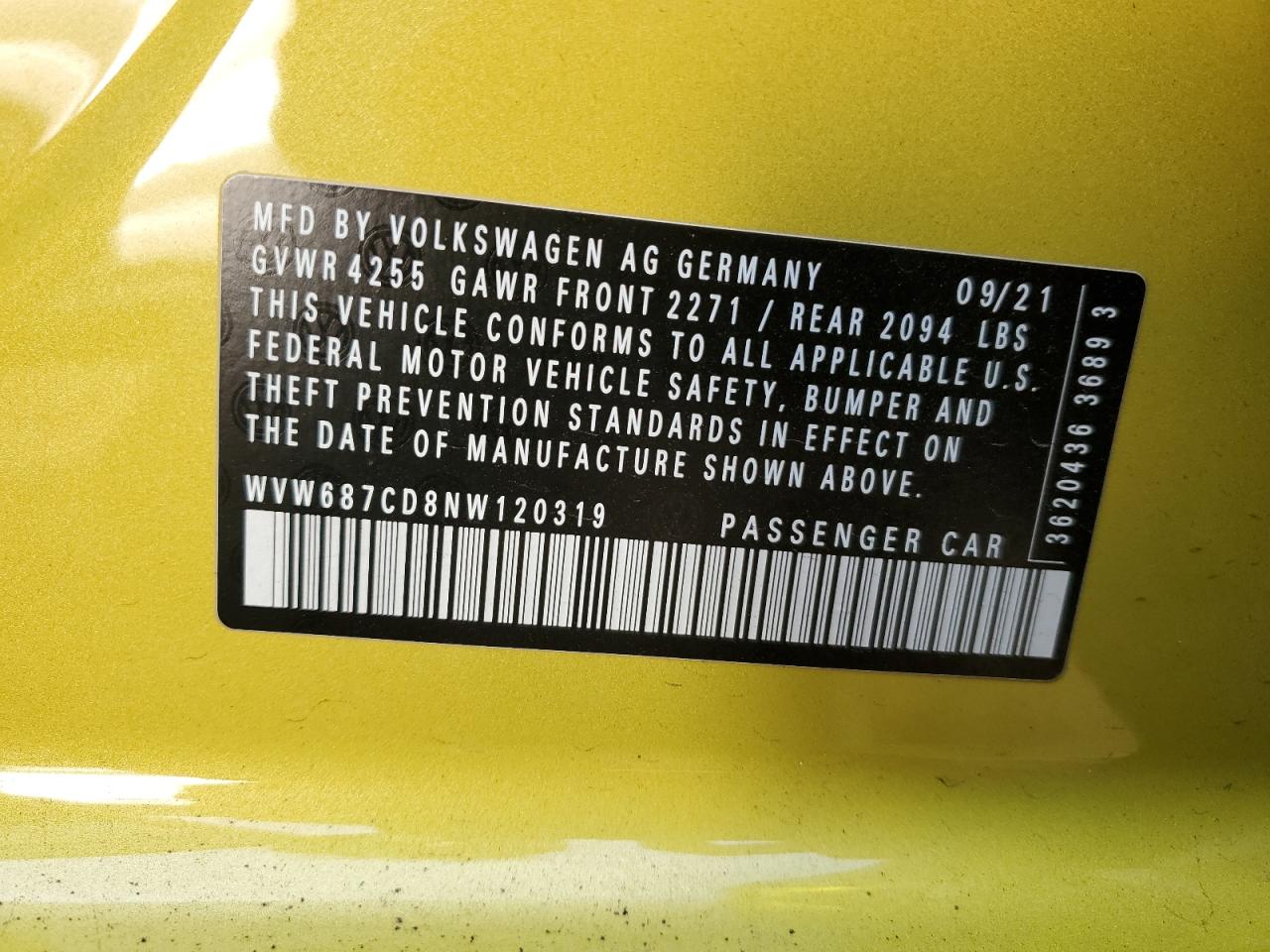 2022 VOLKSWAGEN GTI AUTOBAHN VIN:WVW687CD8NW120319