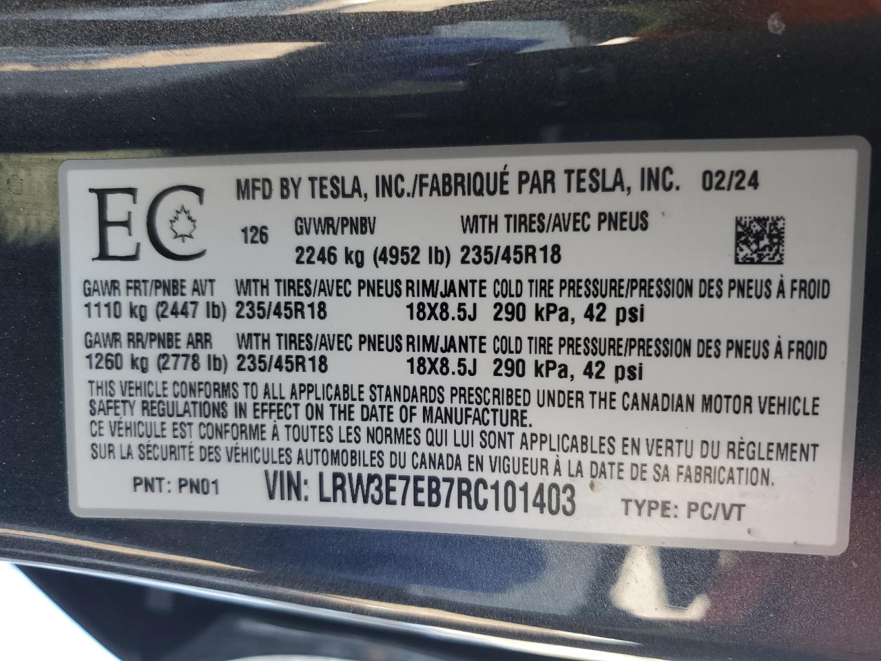 2024 TESLA MODEL 3  VIN:LRW3E7EB7RC101403