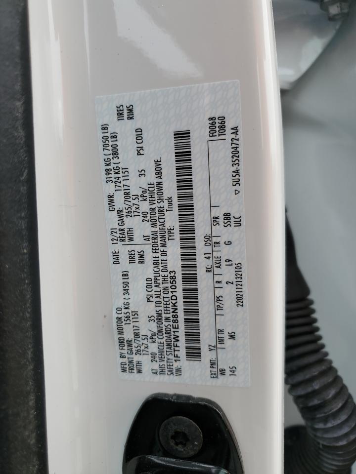 2022 FORD F150 SUPERCREW VIN:1FTFW1E88NKD10583