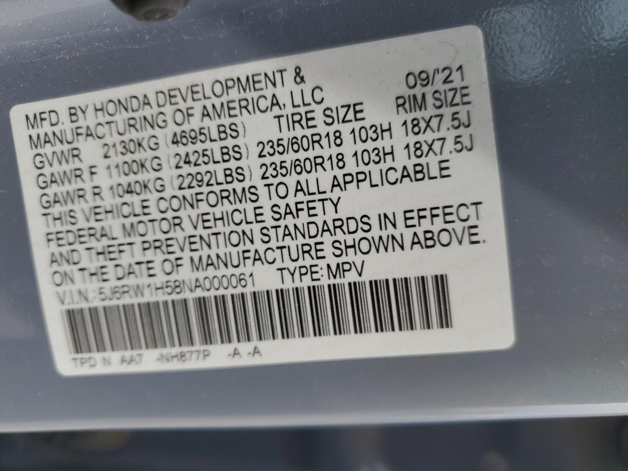 2022 HONDA CR-V EX VIN:5J6RW1H58NA000061