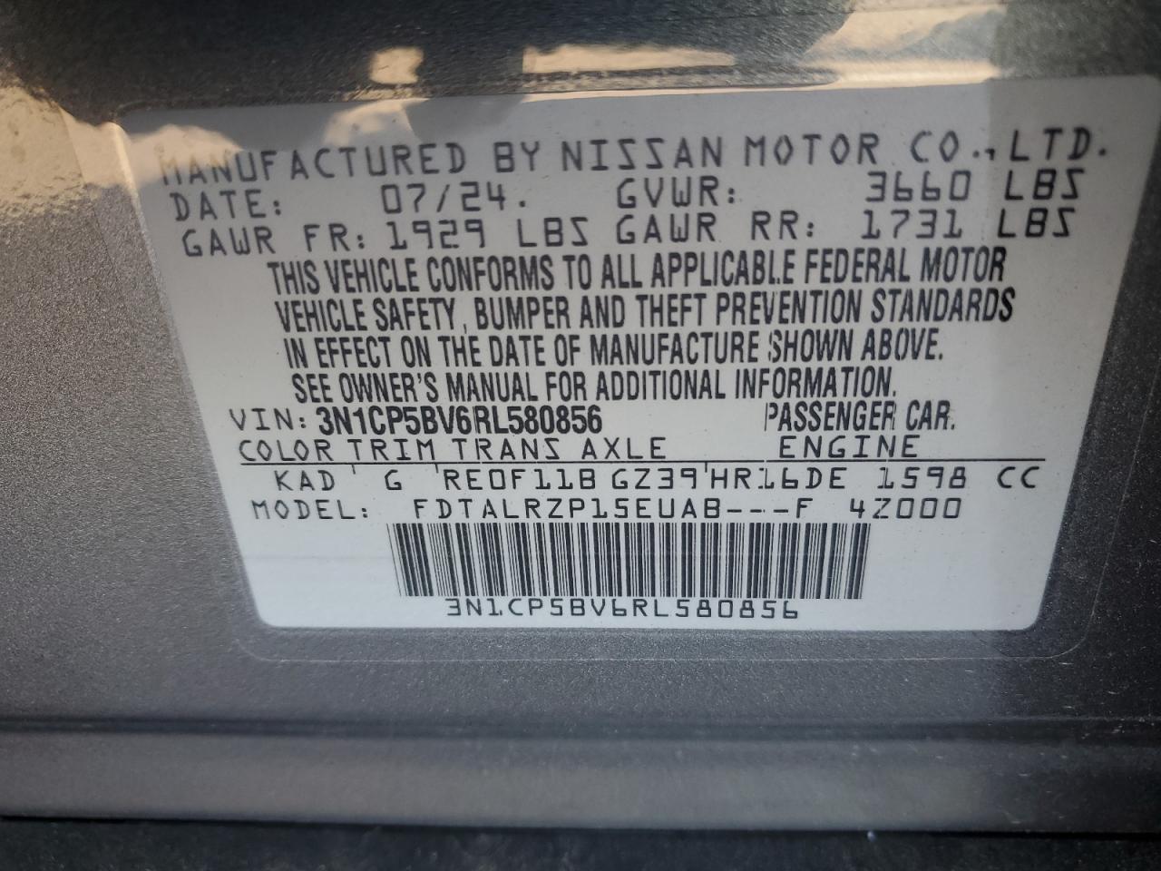 2024 NISSAN KICKS S VIN:3N1CP5BV6RL580856