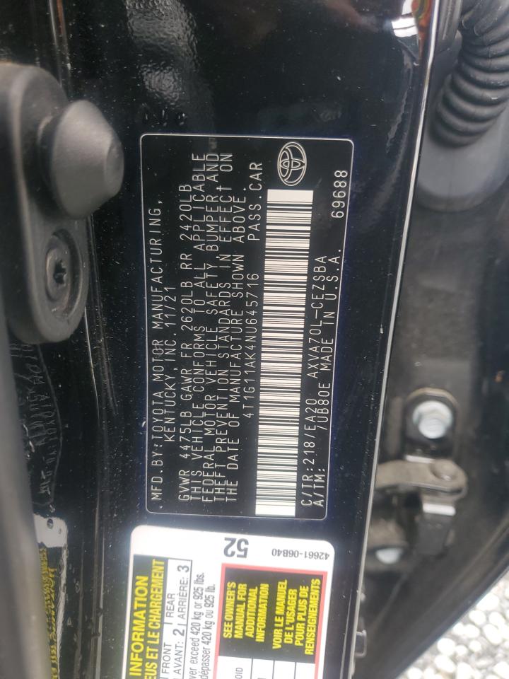 2022 TOYOTA CAMRY SE VIN:4T1G11AK4NU645716