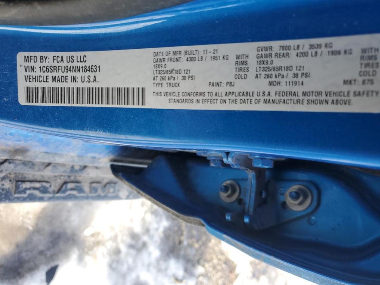 2022 RAM 1500 TRX VIN:1C6SRFU94NN184631