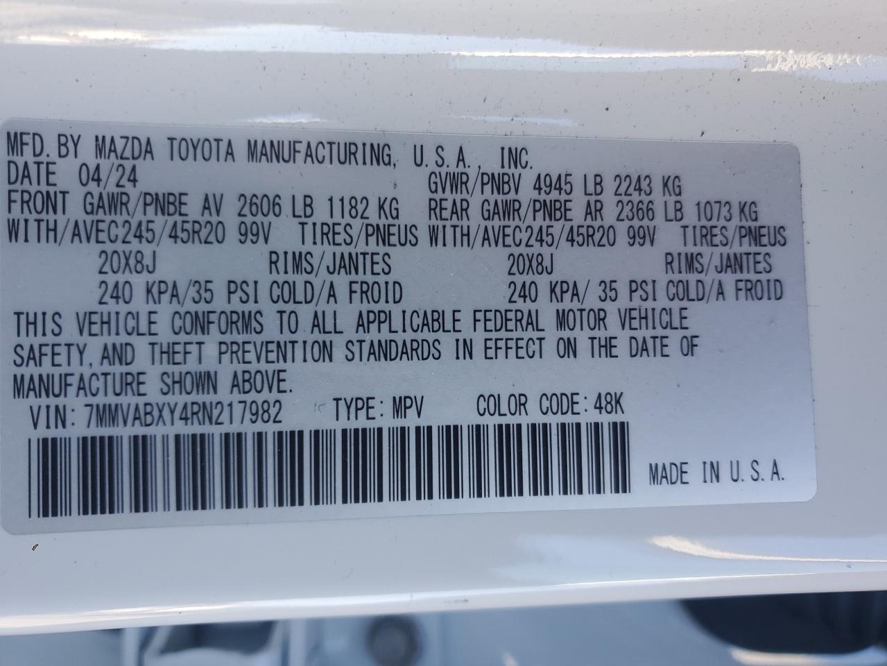 2024 MAZDA CX-50 BASE VIN:7MMVABXY4RN217982
