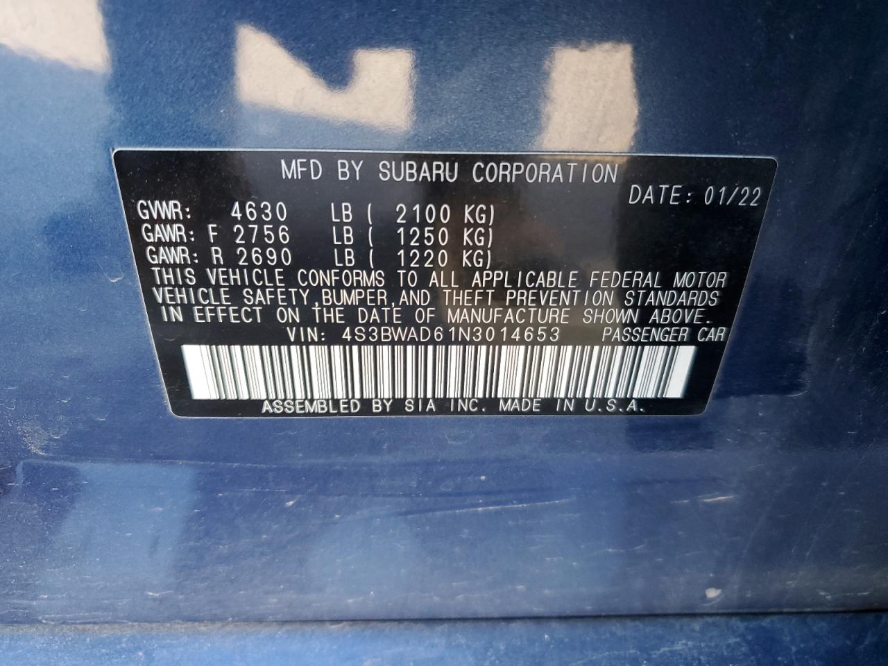 2022 SUBARU LEGACY PREMIUM VIN:4S3BWAD61N3014653