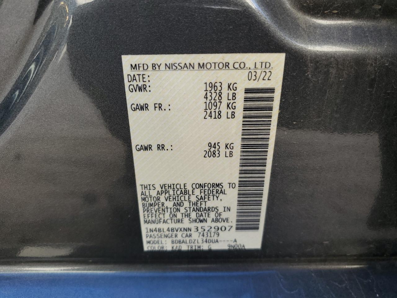 2022 NISSAN ALTIMA S VIN:1N4BL4BVXNN352907
